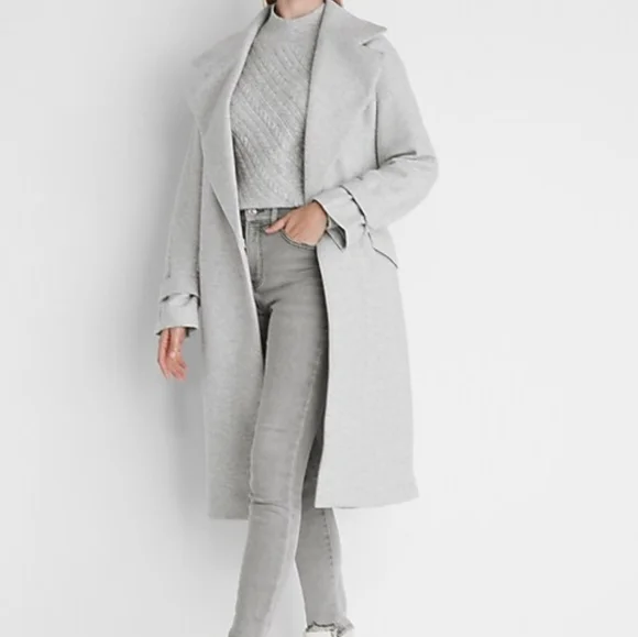 Express Belted Wrap Front Faux Wool Coat Light Gray HAL3 - Picture 2 of 16